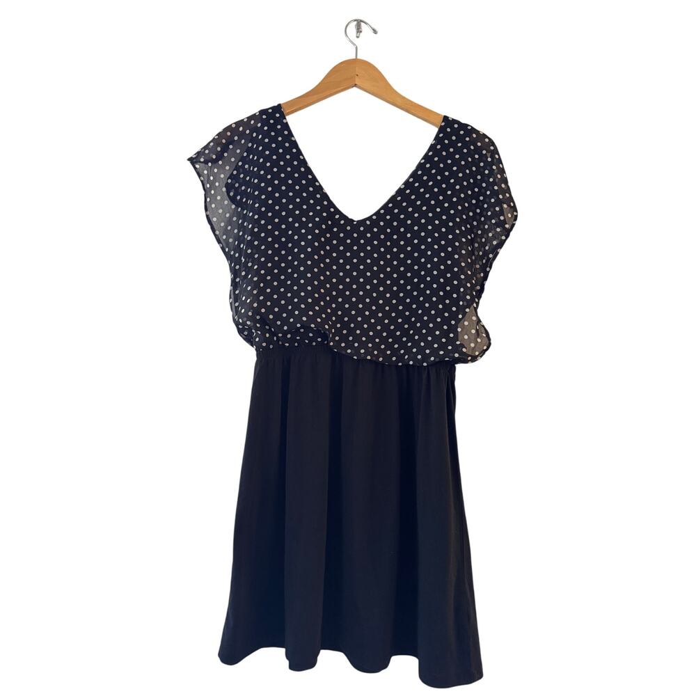 VTG‎ Derek Heart Stretch Layered Blouson Mini Dress Size L Black White Polka Dot
